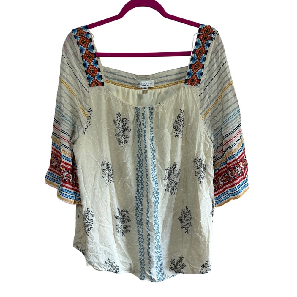 John Paul Richard‎ 1X Cream Embroidered Bell Sleeve Boho Blouse Top Festival